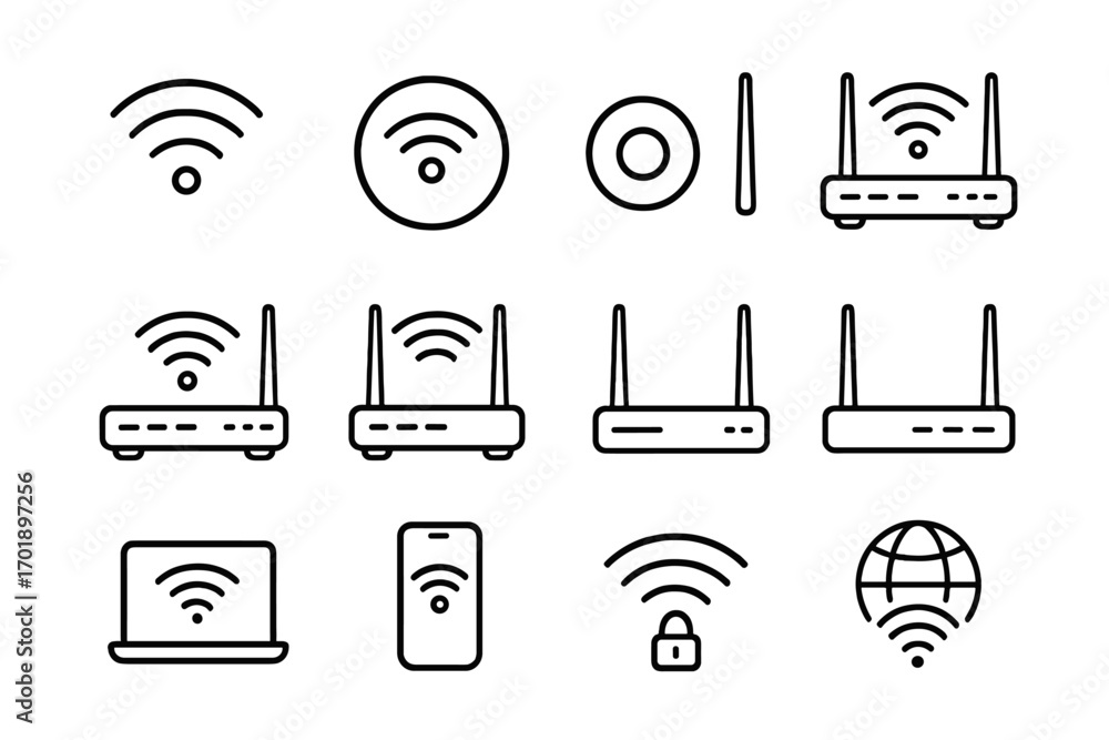 Aufkleber wifi router line icon set. wireless internet connection, signal, and network symbols. outline pictog