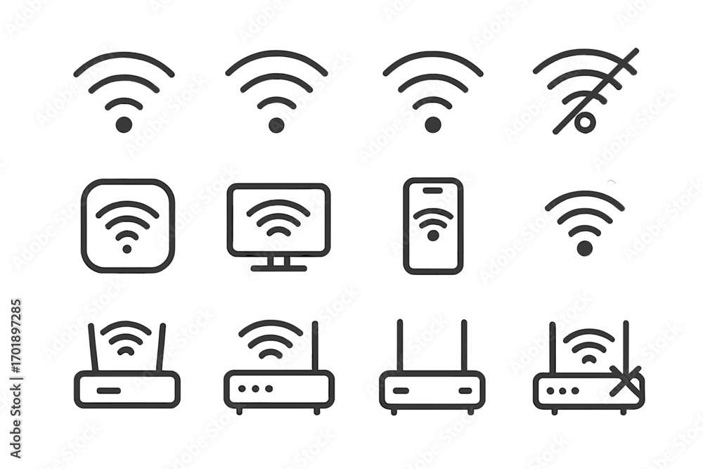 Poster wifi and router thin line icon set. wireless internet connection signs. network signal for computer 