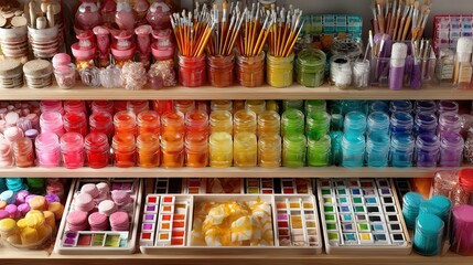A vibrant shelf brimming with colorful crafting supplies including jars of paint, brushes, and decorative items, ideal for arts and crafts projects, DIY tutorials