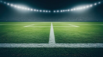 Obraz premium An expansive view of a well-maintained soccer field, illuminated by bright stadium lights, ideal for sports articles, event promotions, and themed designs focused on soccer or athletic culture,
