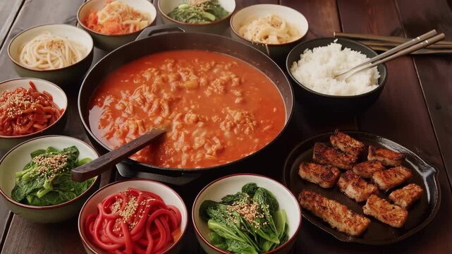 Steaming korean budae jjigae with side dishes on wooden table