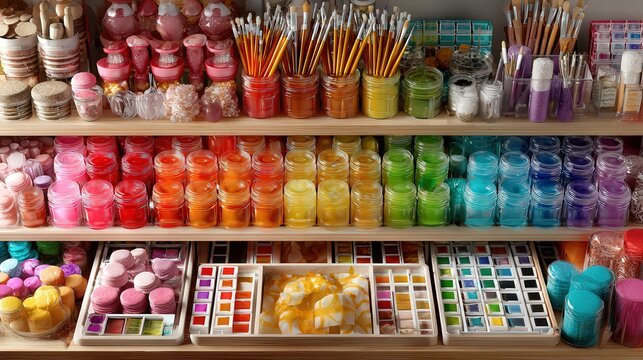 A vibrant shelf brimming with colorful crafting supplies including jars of paint, brushes, and decorative items, ideal for arts and crafts projects, DIY tutorials