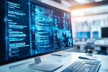 Large computer monitor displaying complex code and data visualizations in a modern office