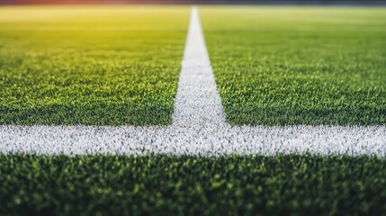 A close-up view of a football field with vivid green artificial grass and crisp white lines, ideal for sports-related materials, promotional content, or articles about athletics and fitness,