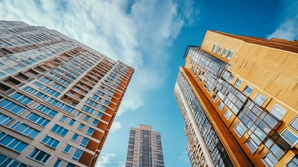 Low-angle view of modern apartment buildings against a partly cloudy sky