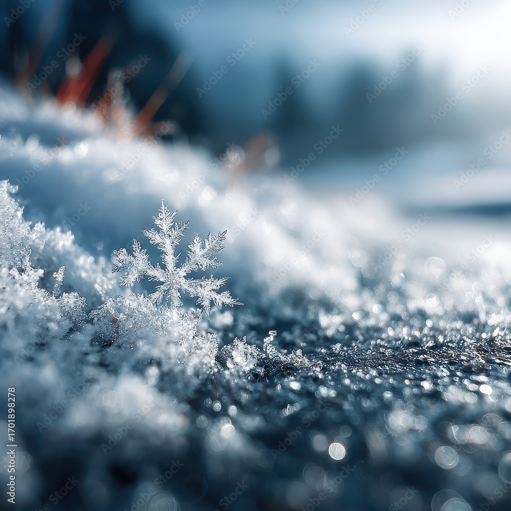 Poster detailed view of a single, delicate snowflake resting on a snow covered surface, with bokeh effect i
