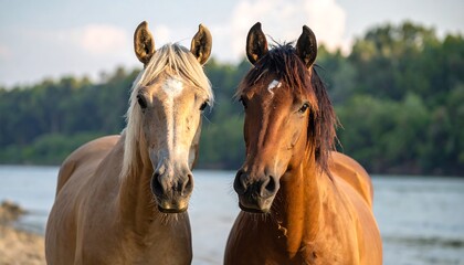 Obraz premium Two horses, a light tan and a rich brown, gaze intently at the viewer, set against a serene backdrop of a tranquil lake and lush green trees.