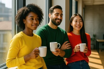 Smiling coworkers by a bright office window hold takeaway coffees during a casual break, showing teamwork, diversity, and the bright modern workplace.