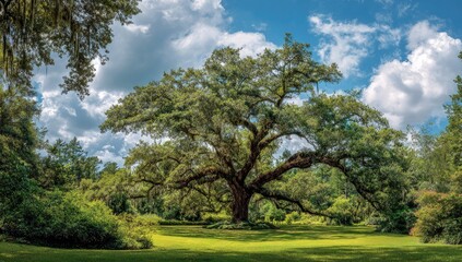 Majestic Ancient Oak Tree in Lush Green Park Landscape.