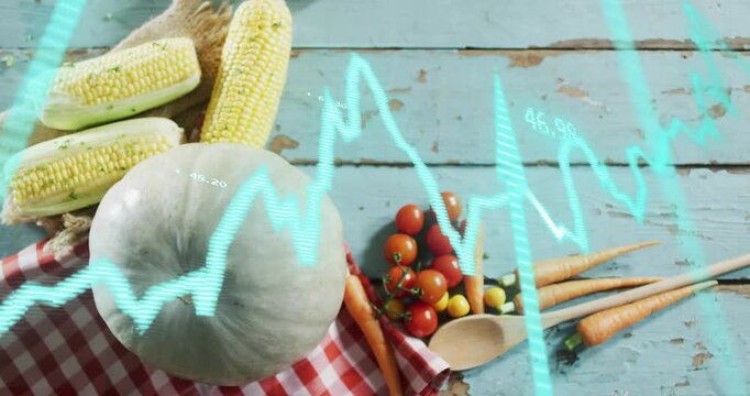Faint cyan waveform fading in over squash and corn pulsing data markers to visualize freshness data