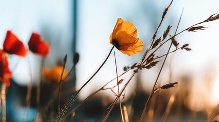 A close-up of vibrant yellow and red wildflowers against a soft-focus background, capturing the beauty of nature, This image is ideal for use in blogs, advertising, or personal projects about nature,