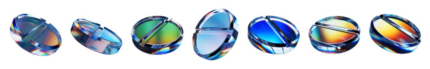 Set of 3d transparent glossy tablet with dispersion effect. Rainbow colors reflection glass. 3d...