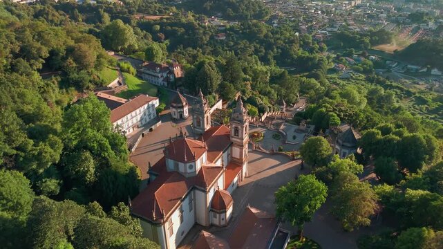 Aerial of Bom Jesus do Monte Sanctuary at sunset near Braga, Northern Portugal