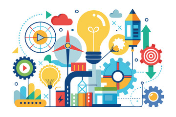 Minimalist vector illustration of two hands sketching a glowing light bulb with a pen, symbolizing creativity, brainstorming, innovation, imagination, and idea generation. Perfect for business present