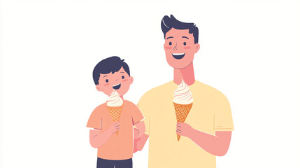 Fototapeta premium A father and son enjoying ice cream cones together in a simple cartoon style illustration art work