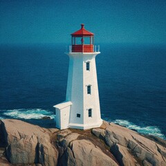 White lighthouse with red top stands on grey rocks against a deep blue ocean.