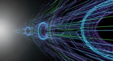 Abstract tunnel of neon lines. Digital data flow background. Modern technology visualization for network, internet, cyber security concept.