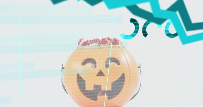 Numeric data sliding left into overlaying pumpkin bucket with candy apples for analysing data