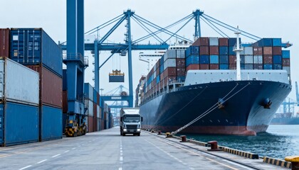 Naklejka premium Container Ship Loading with Delivery Truck at Port Terminal for Global Trade and Logistics Solutions
