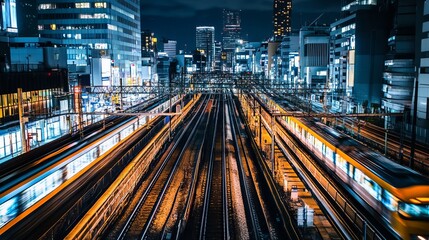 Fototapeta premium Night cityscape with train tracks and illuminated urban infrastructure