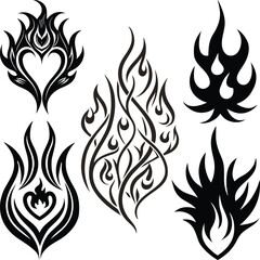 Five black tribal flame designs on white background fire graphic