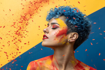Person with blue curly hair and colorful paint splashes against geometric background, symbolizing expressive identity, creativity, and emotional liberation. generative ai