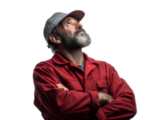 Man in Red Overalls Looking Upward on transparent background