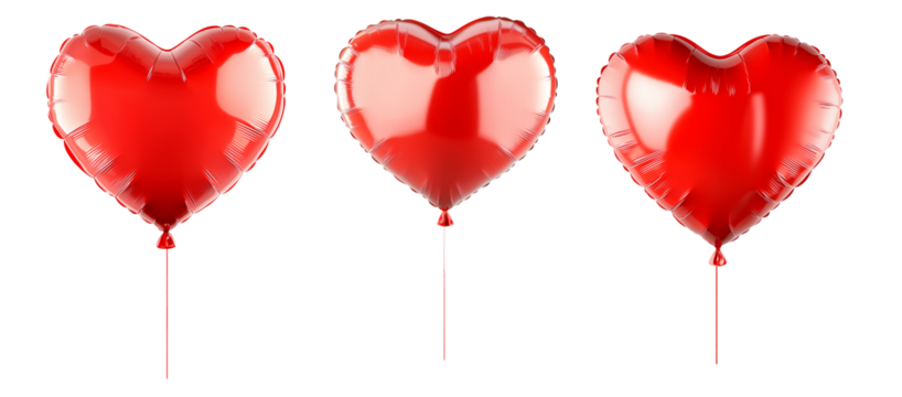 A glossy red heart-shaped foil balloon isolated on white transparent background, symbolizing love, romance and celebration of Valentine Day