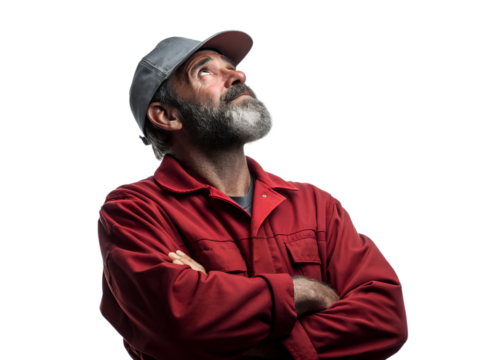 Man in Red Overalls Looking Upward on transparent background