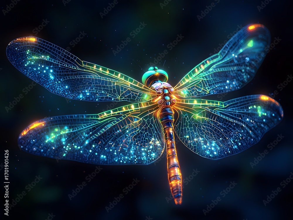 Poster an ethereal neon glowing dragonfly with intricate luminous wings floats against a dark bokeh backgro
