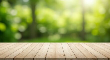 Light wood planks on a blurred green forest background with sun flare wooden surface