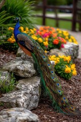 Fototapeta premium A vibrant peacock stands proudly among colorful flowers and stones, showcasing its stunning plumage, This image is perfect for nature-themed projects, tourism brochures, or wildlife publications,