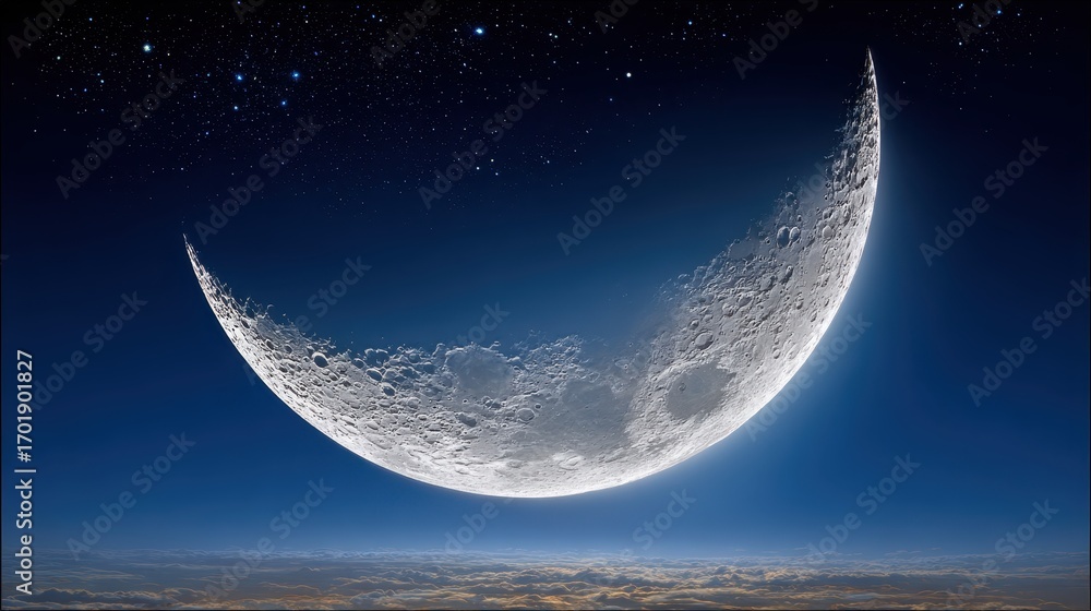 Poster a crescent moon appears to dissolve into sparkling particles against a backdrop of a starlit night s