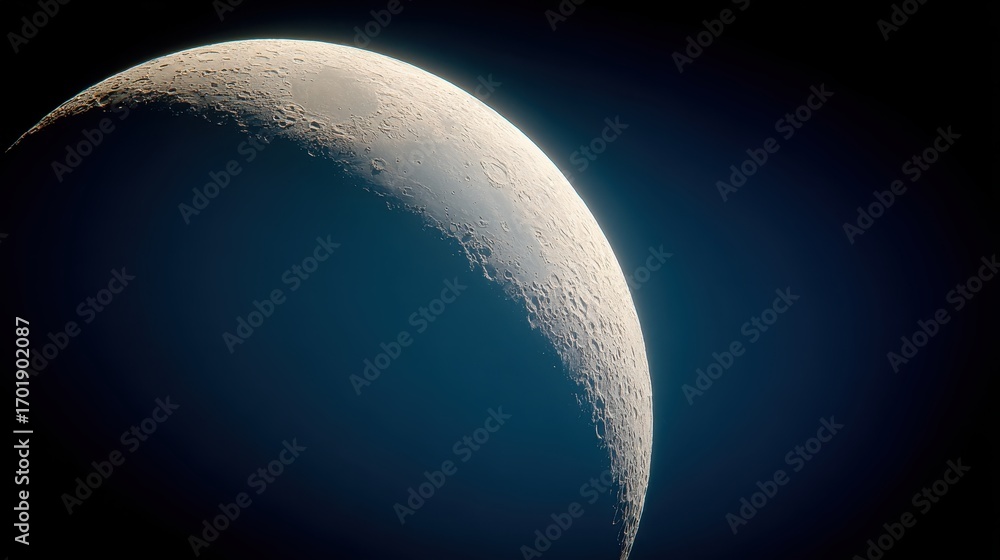Poster close up view of a crescent moon against a dark blue background. the moon's surface is depicted with