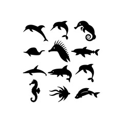 Naklejka premium Collection of black silhouettes of various marine animals including dolphins seahorses and fish