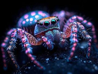 A ro shot of a jumping spider with vibrant neon blue and pink patterns on its hairy body and legs against a dark background