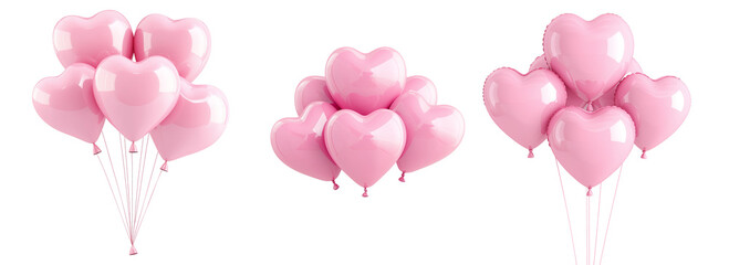 A cluster of shiny pink heart-shaped balloons floating against white transparent background, symbolizing love and celebration of Valentine Day