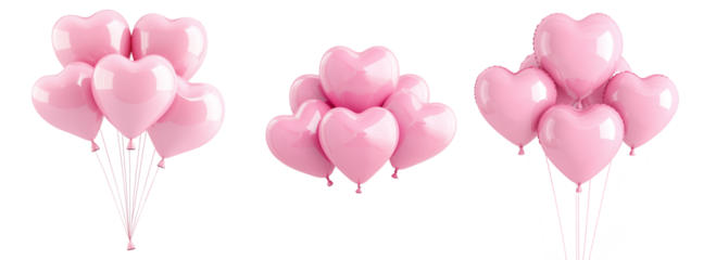 A cluster of shiny pink heart-shaped balloons floating against white transparent background, symbolizing love and celebration of Valentine Day
