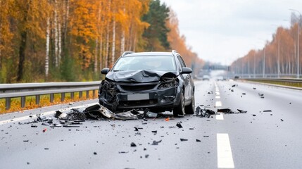 Car Accident Scene with Crumpled Black Vehicle on Empty Road in Autumn