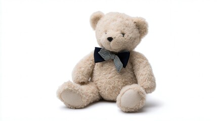 Obraz premium A cute, plush teddy bear with a stylish bowtie, perfect for children's gifts, nursery decor, or promotional material for toy stores, evoking feelings of warmth and nostalgia,