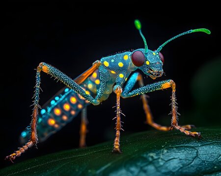 Close up ro photograph of a vibrantly colored insect with luminous blue body yellow spots and glowing green antennae on a dark leaf