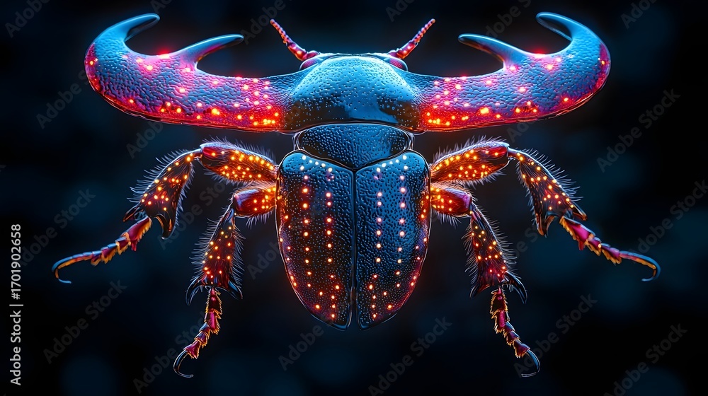 Poster close up of a vibrant stylized neon stag beetle with glowing red patterns set against a dark abstrac