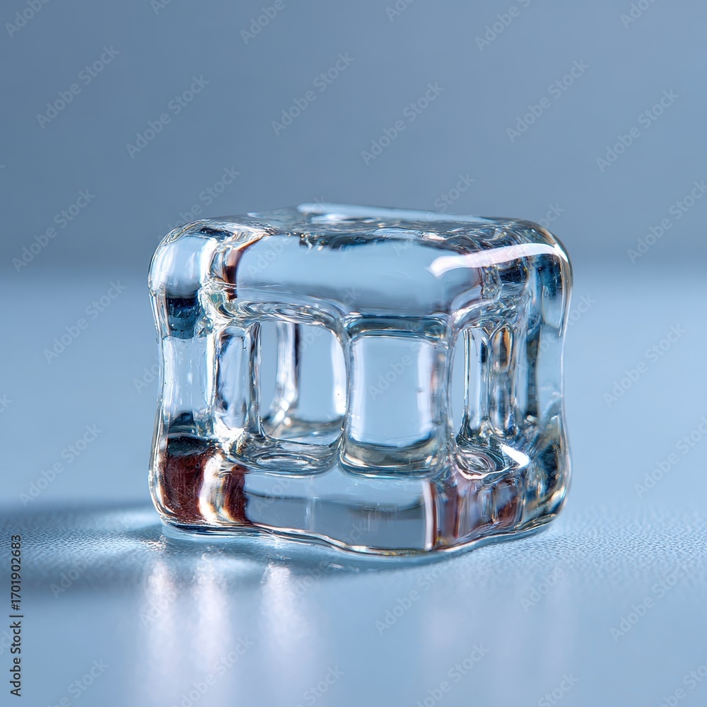 Aufkleber a single, translucent ice cube with a unique internal structure sits on a light blue background. the