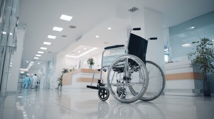 Fototapeta premium Wheelchair in a Modern Hospital Corridor: Healthcare Accessibility and Patient Care Concept