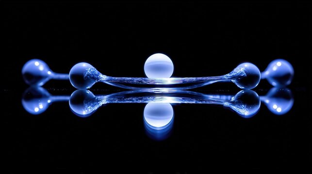 An abstract representation of molecular structures featuring glowing spheres connected by luminous strands, set against a black background, Ideal for scientific, educational, or technological themes, - Powered by Adobe