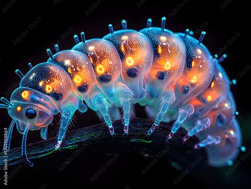 Poster a luminous bioluminescent caterpillar with intricate neon patterns crawls on a dark branch