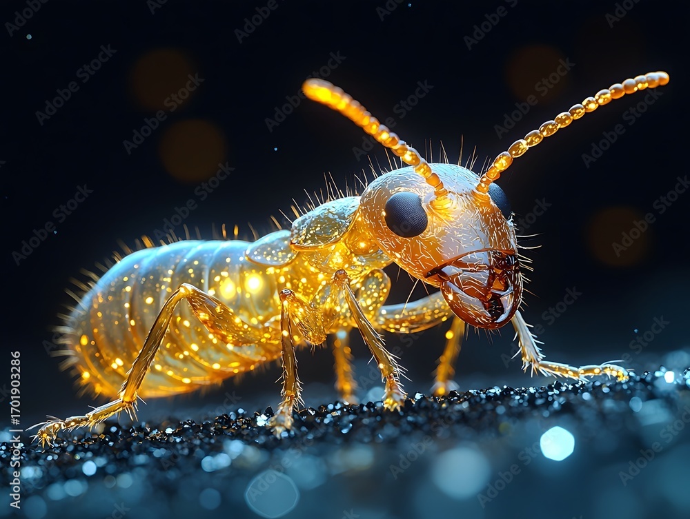 Poster A glowing golden ant in ro view illuminated against a dark bokeh background symbolizing mystical power and intricate life