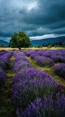 Obraz premium Vibrant lavender field under dramatic clouds