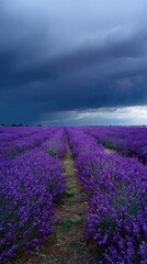 Obraz premium Lavender field under a dramatic stormy sky