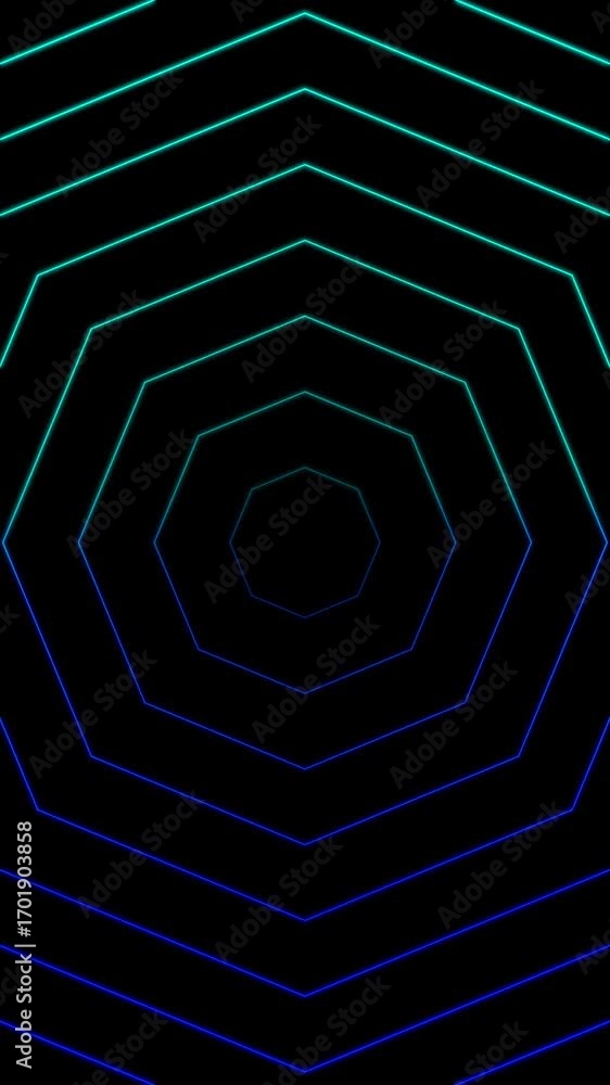 Poster vibrant neon octagonal lines creating a futuristic geometric tunnel illusion with a blue and green g